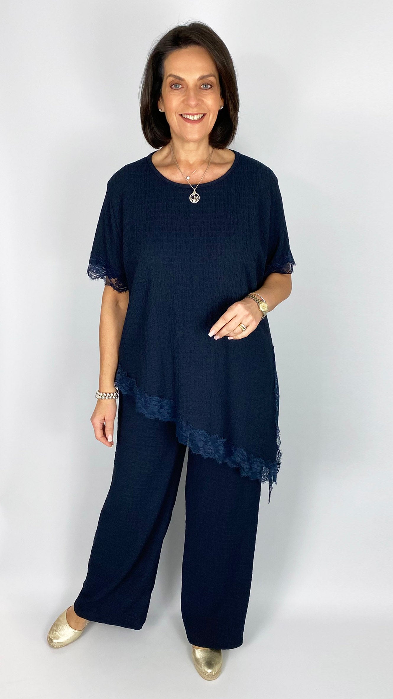Lace trimmed asymmetric top & wide-leg trouser set | 2 Colours
