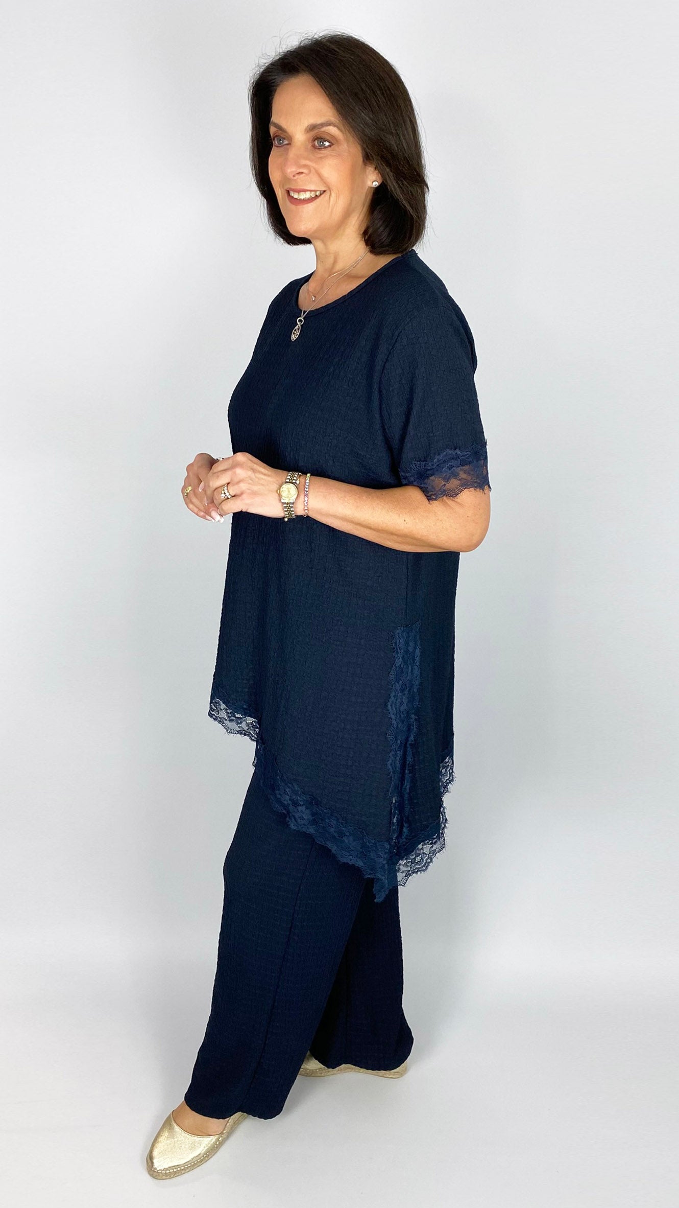 Lace trimmed asymmetric top & wide-leg trouser set | 2 Colours