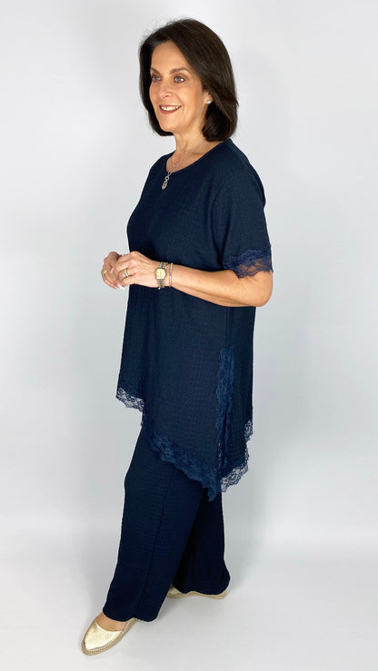 Lace trimmed asymmetric top & wide-leg trouser set | 2 Colours
