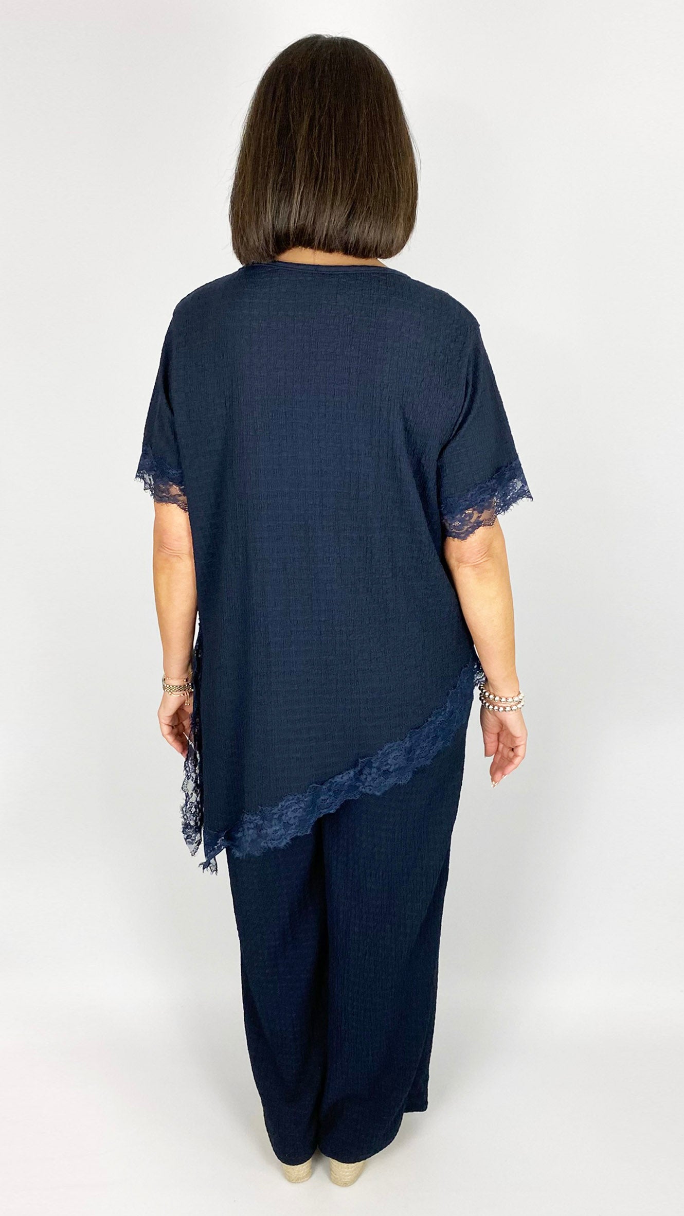 Lace trimmed asymmetric top & wide-leg trouser set | 2 Colours