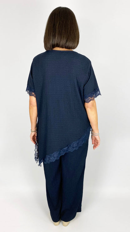 Lace trimmed asymmetric top & wide-leg trouser set | 2 Colours