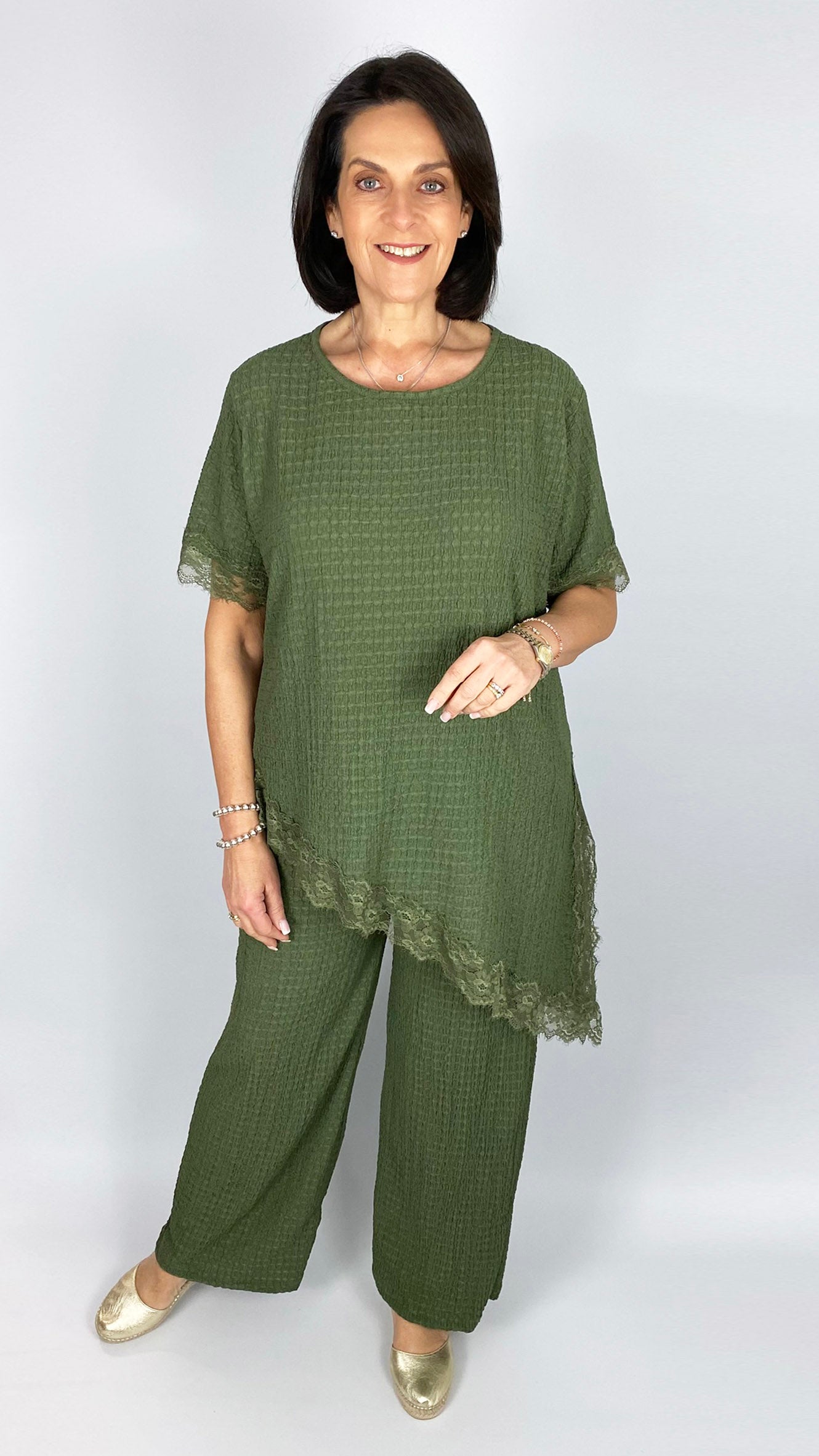 Lace trimmed asymmetric top & wide-leg trouser set | 2 Colours