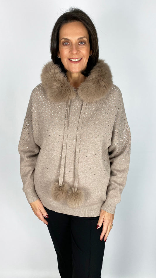 Crystal embellished faux fur hooded jumper | 3 Colours