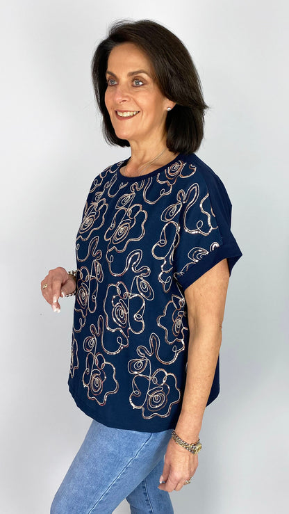 Cotton mix sequin flower detail top | 3 Colours | 2 Sizes
