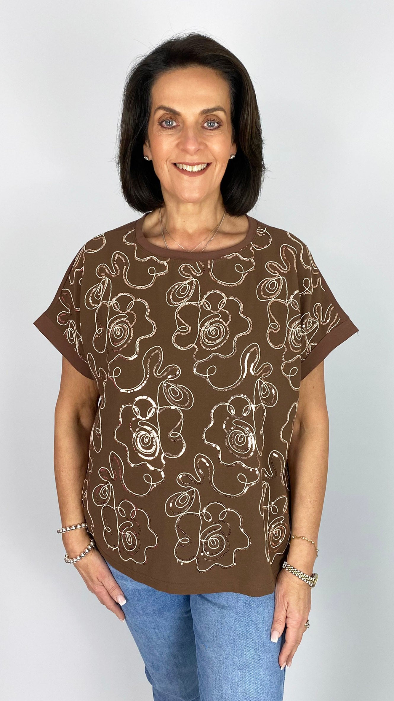 Cotton mix sequin flower detail top | 3 Colours | 2 Sizes