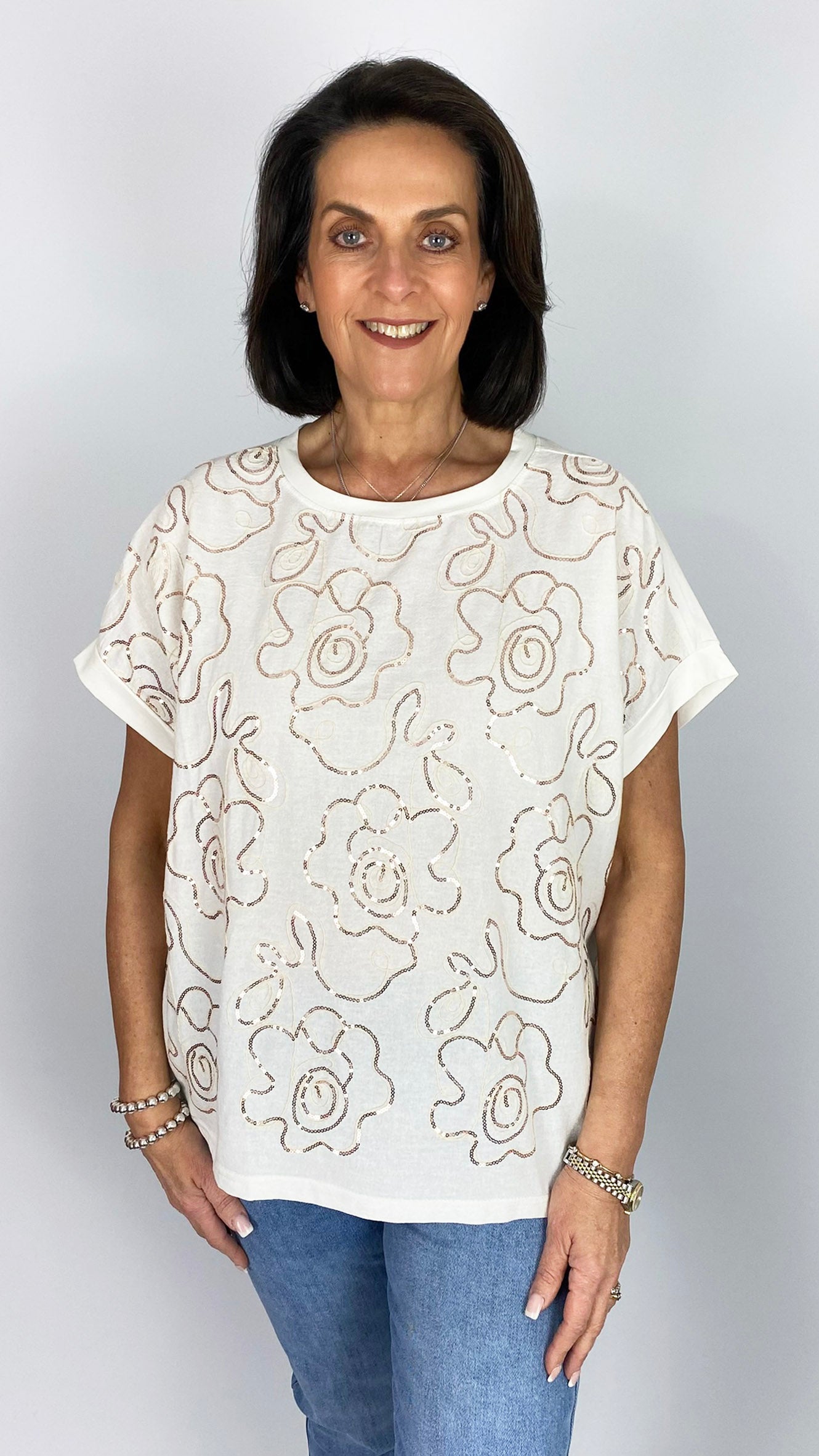 Cotton mix sequin flower detail top | 3 Colours | 2 Sizes