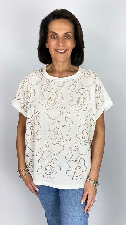 Cotton mix sequin flower detail top | 3 Colours | 2 Sizes