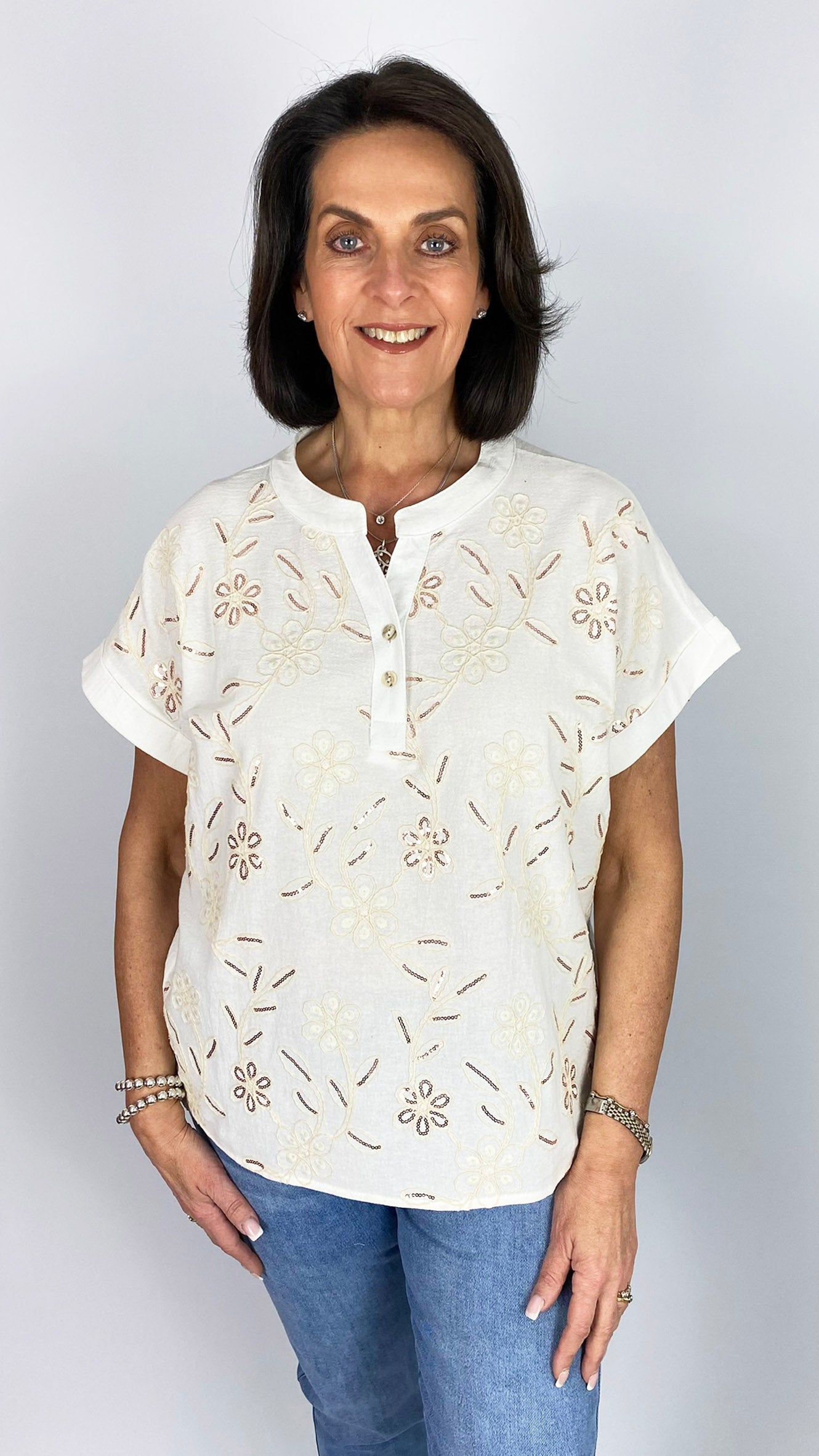 Sequin embellished cotton & linen mix half button top | Off-White | 2 Sizes