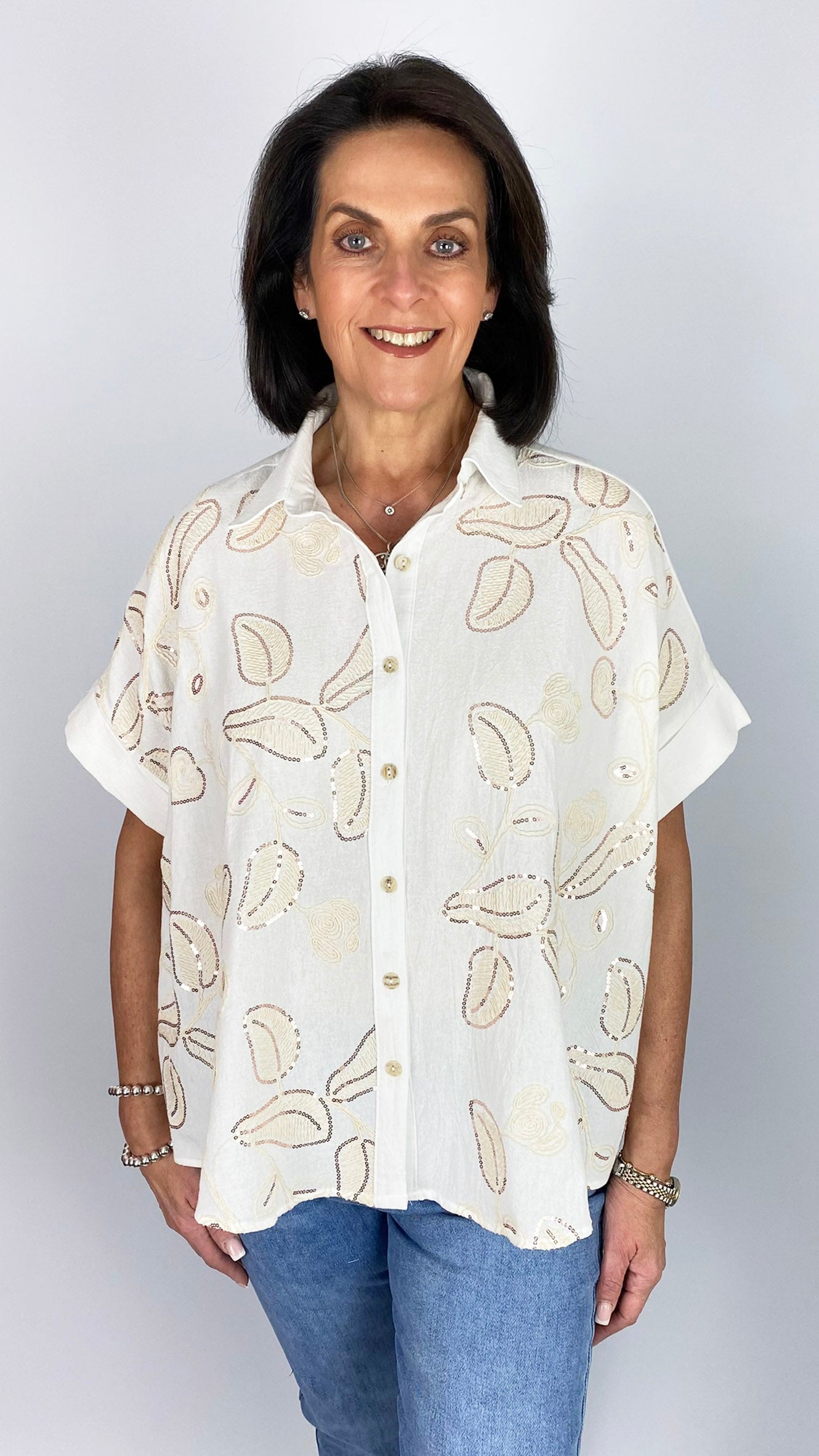Cotton & linen sequin & embroidered dipped back shirt  | Off-White