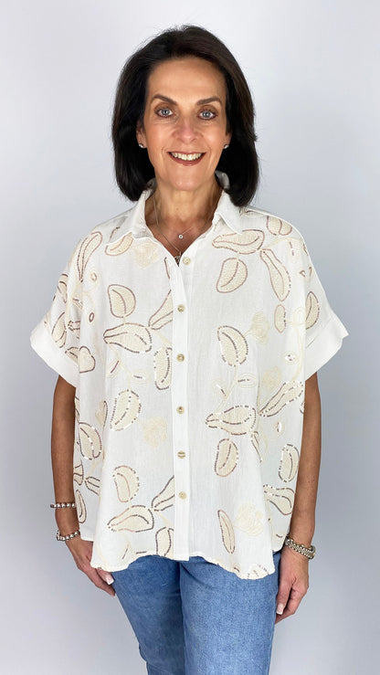 Cotton & linen sequin & embroidered dipped back shirt  | Off-White