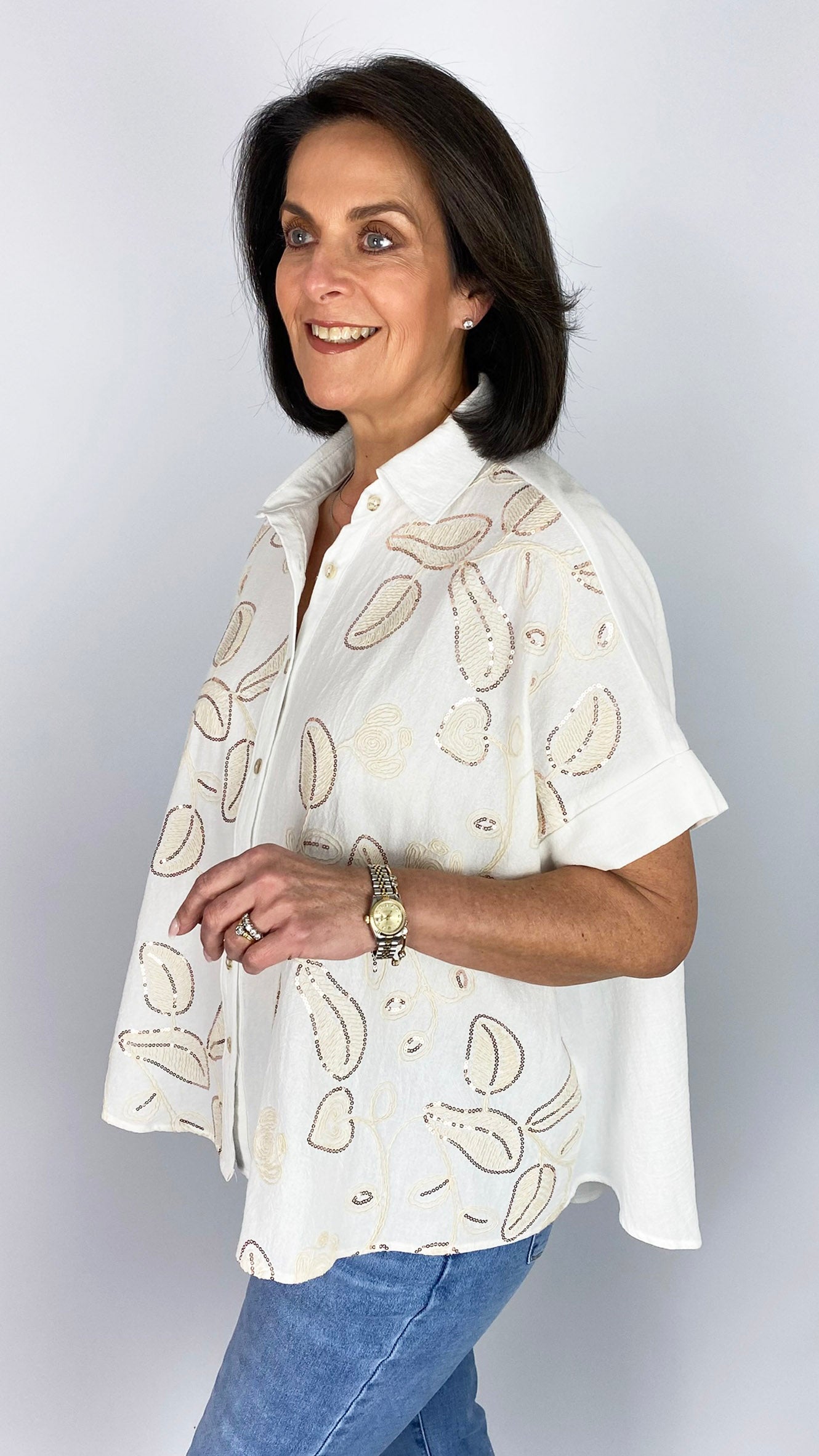 Cotton & linen sequin & embroidered dipped back shirt  | Off-White
