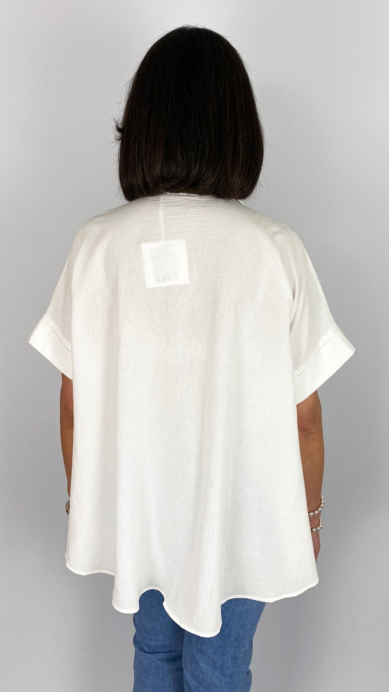 Cotton & linen sequin & embroidered dipped back shirt  | Off-White