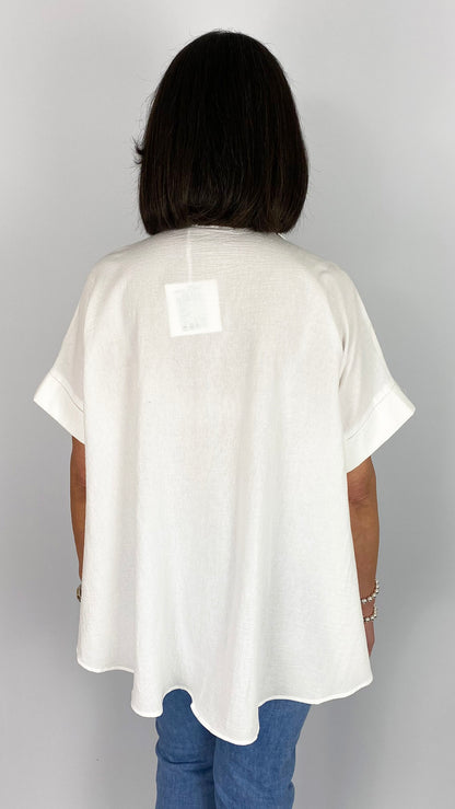 Cotton & linen sequin & embroidered dipped back shirt  | Off-White