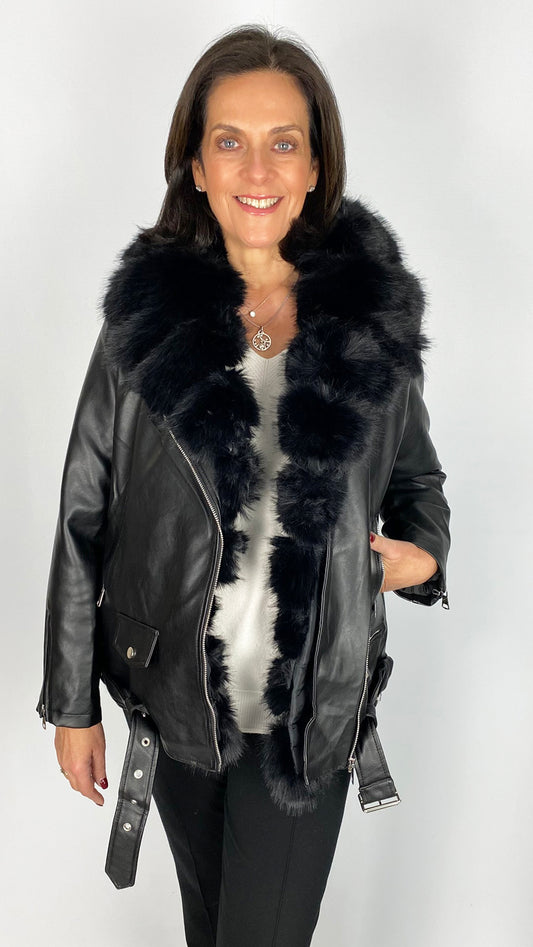 Faux fur trimmed & lined pleather biker jacket | 2 Colours
