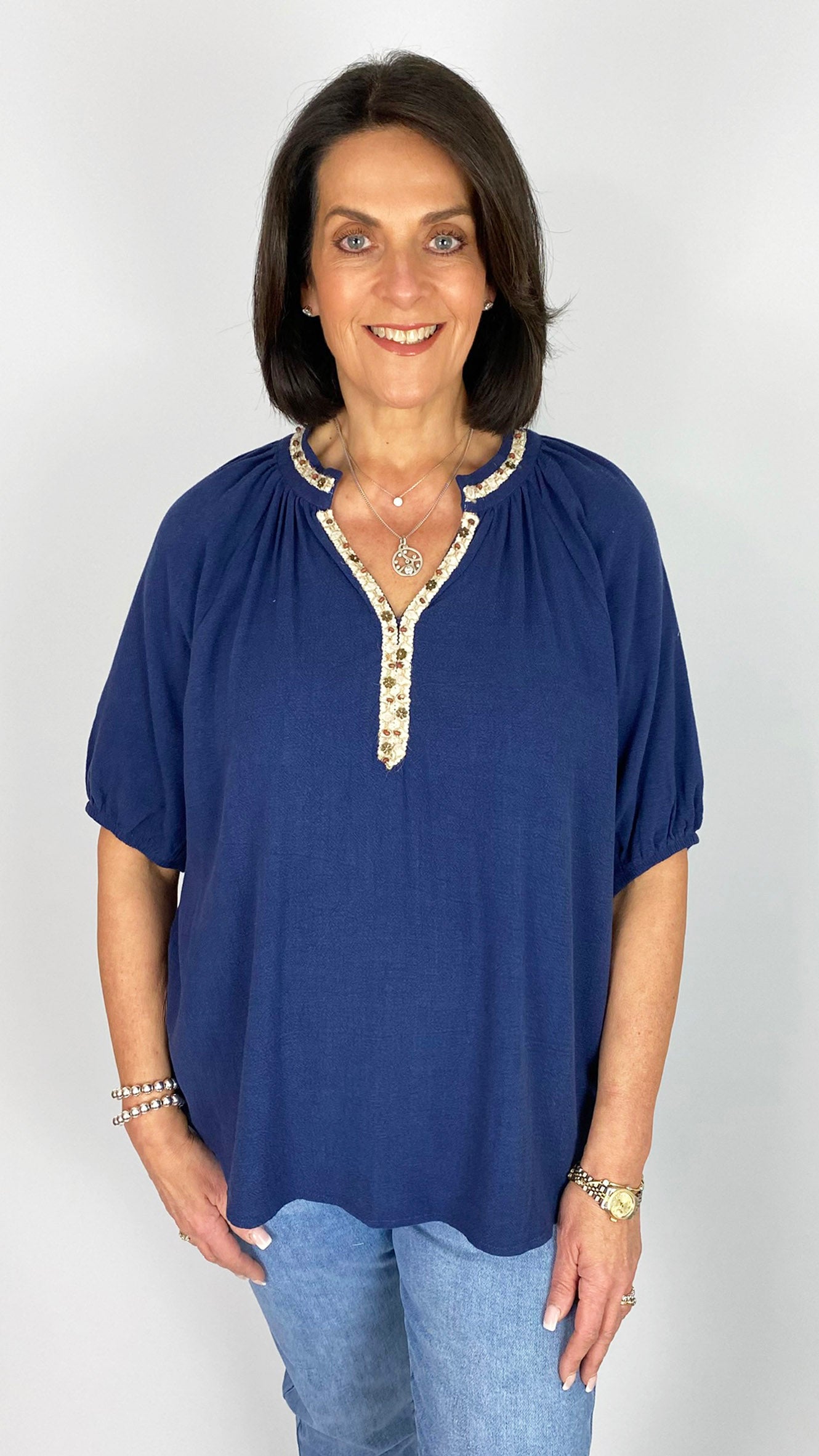 Beaded detail cotton & linen paysanne blouse | 2 Colours | 2 Sizes