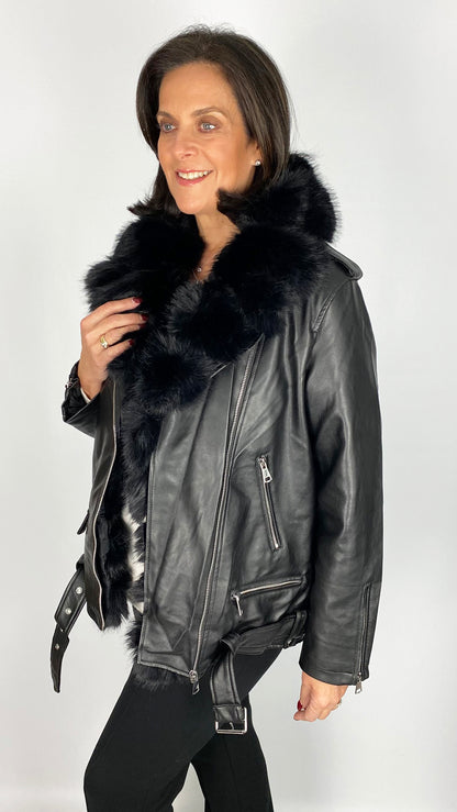 Faux fur trimmed & lined pleather biker jacket | 2 Colours