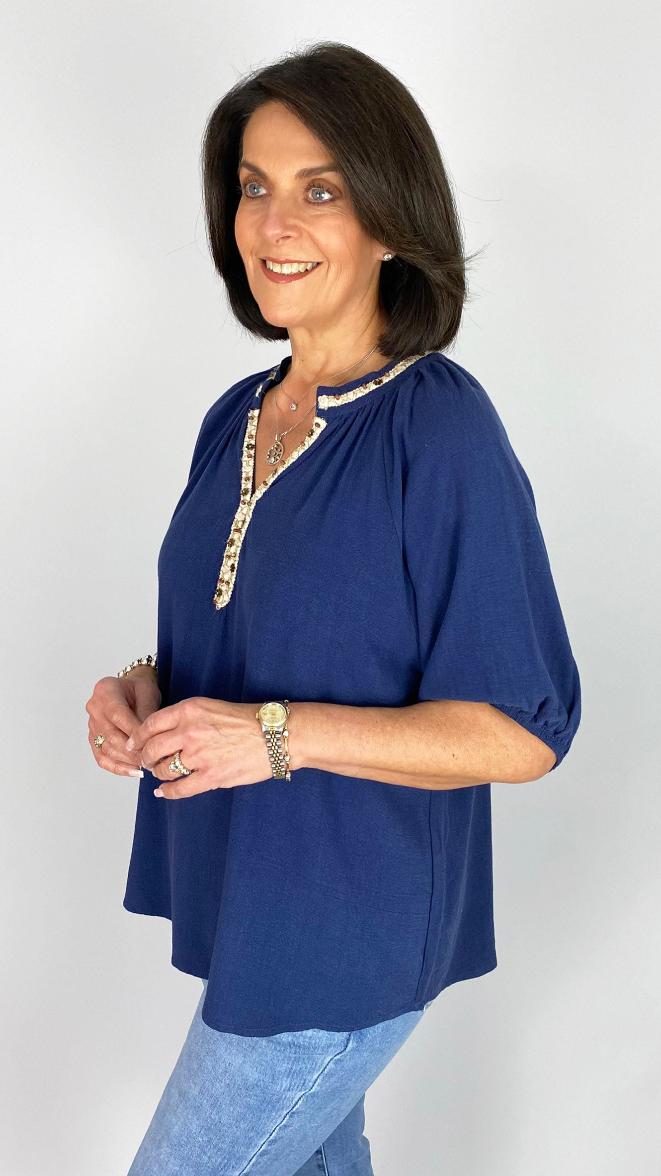 Beaded detail cotton & linen paysanne blouse | 2 Colours | 2 Sizes