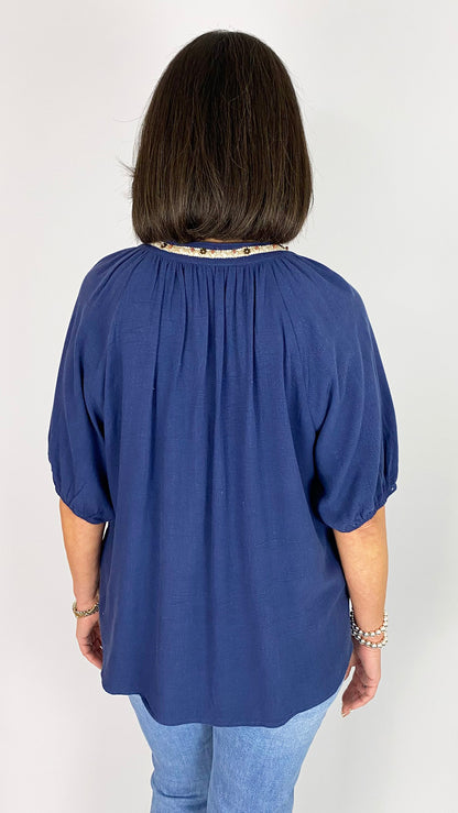 Beaded detail cotton & linen paysanne blouse | 2 Colours | 2 Sizes