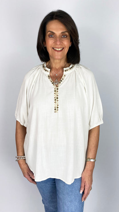 Beaded detail cotton & linen paysanne blouse | 2 Colours | 2 Sizes