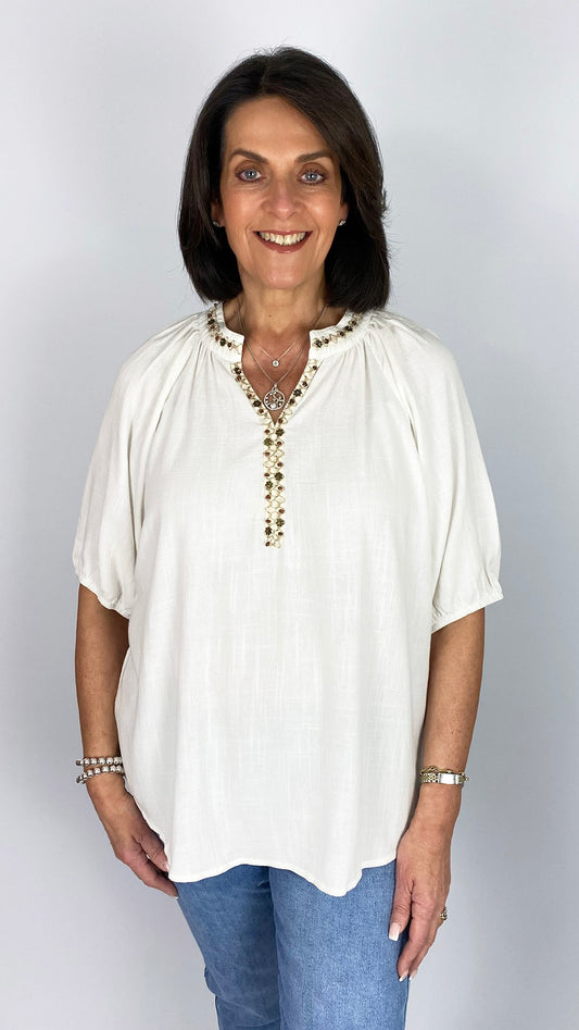 Beaded detail cotton & linen paysanne blouse | 2 Colours | 2 Sizes