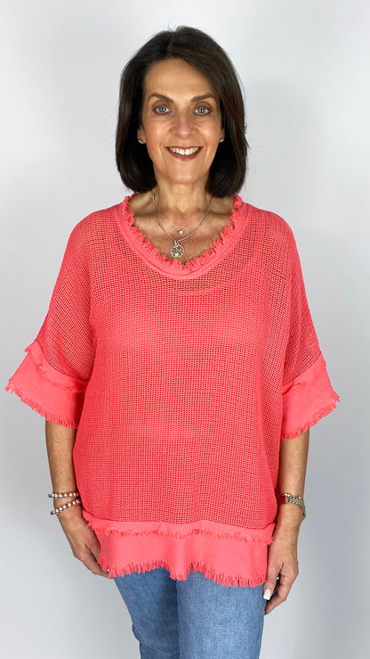 Distressed edged mesh cotton v-neck top w/ cami | 7 Colours