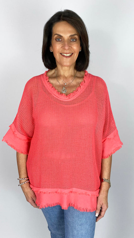 Distressed edged mesh cotton v-neck top w/ cami | 7 Colours