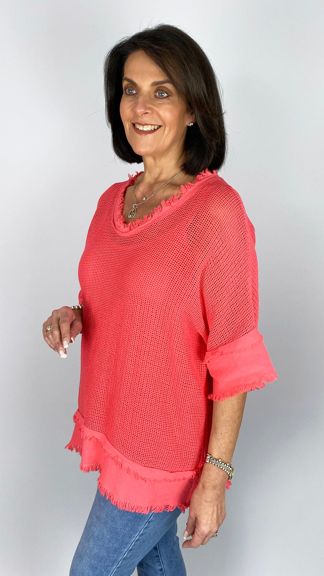 Distressed edged mesh cotton v-neck top w/ cami | 7 Colours