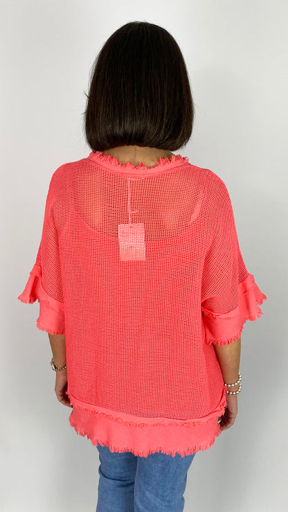 Distressed edged mesh cotton v-neck top w/ cami | 7 Colours