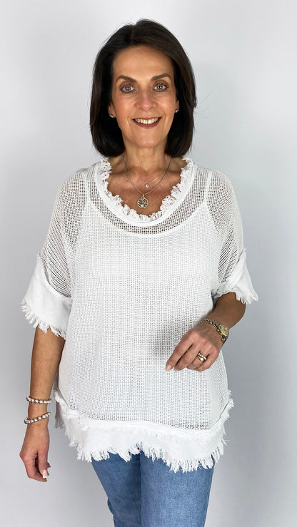 Distressed edged mesh cotton v-neck top w/ cami | 7 Colours