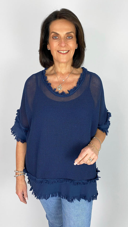 Distressed edged mesh cotton v-neck top w/ cami | 7 Colours