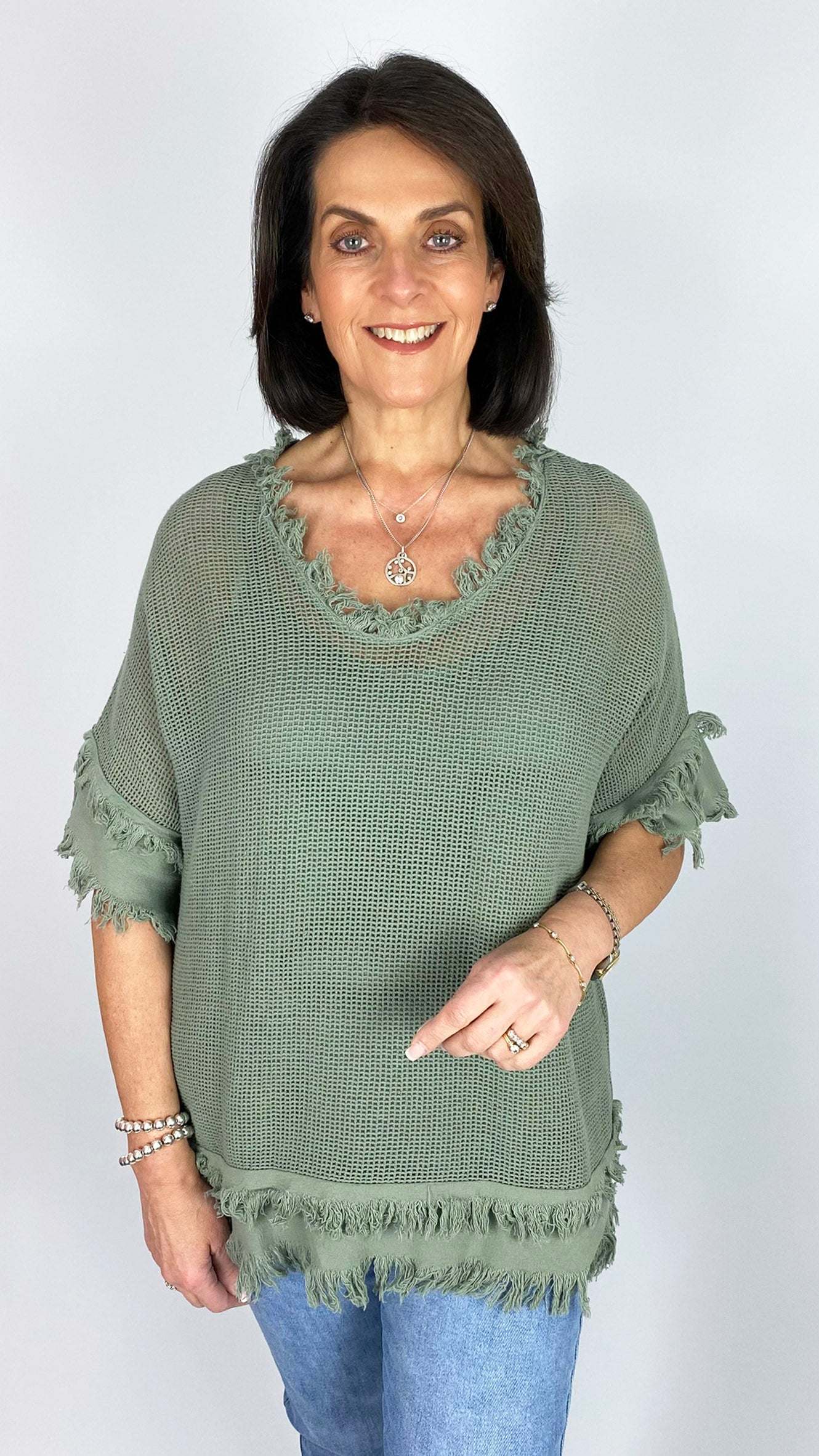 Distressed edged mesh cotton v-neck top w/ cami | 7 Colours