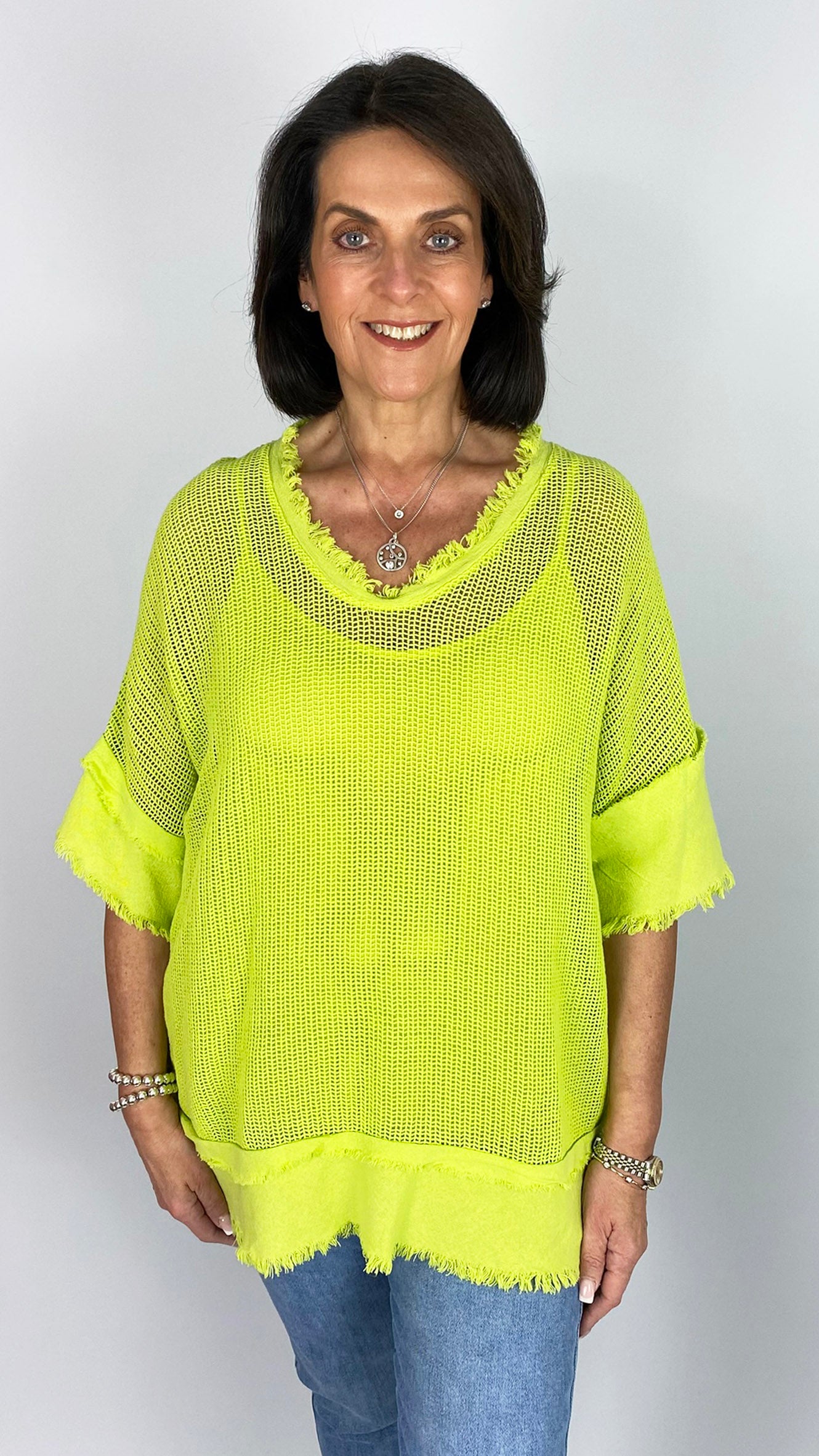 Distressed edged mesh cotton v-neck top w/ cami | 7 Colours