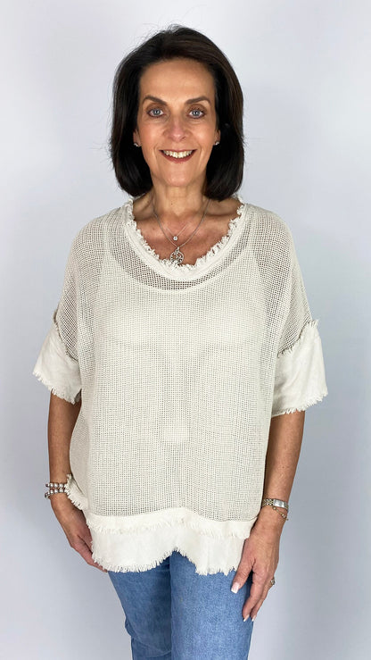 Distressed edged mesh cotton v-neck top w/ cami | 7 Colours