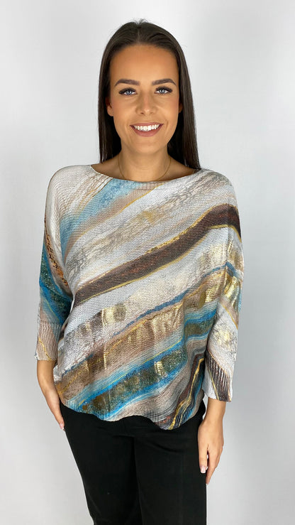 Woven diagonal print & foiled batwing top | 2 Colours