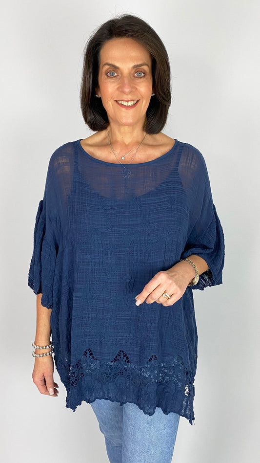 Croched trimmed cotton embroidered top | 4 Colours