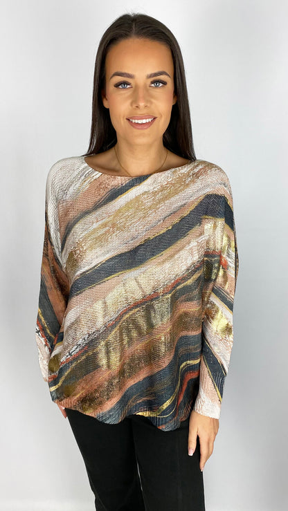 Woven diagonal print & foiled batwing top | 2 Colours