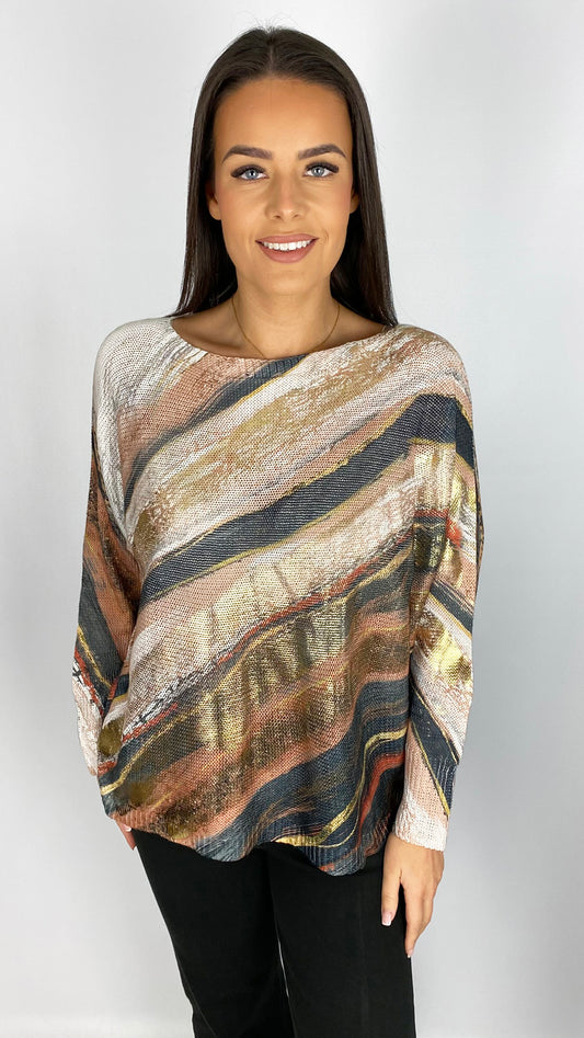 Woven diagonal print & foiled batwing top | 2 Colours