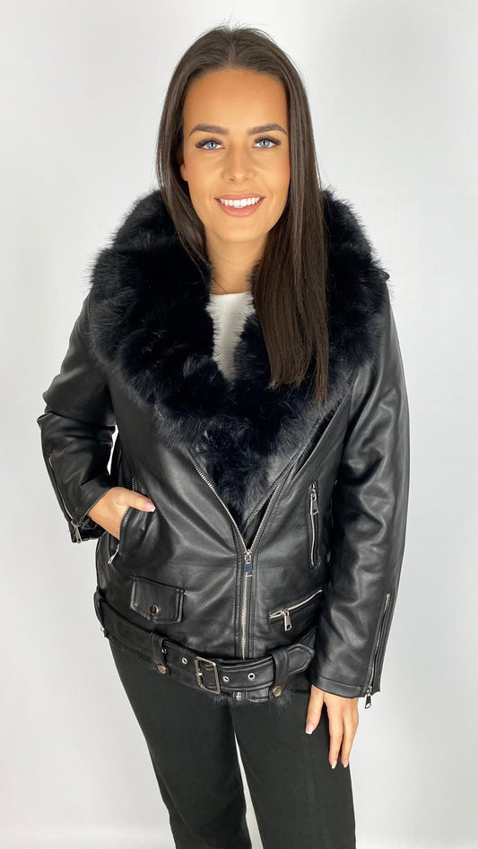 Faux fur trimmed & lined pleather biker jacket | 2 Colours