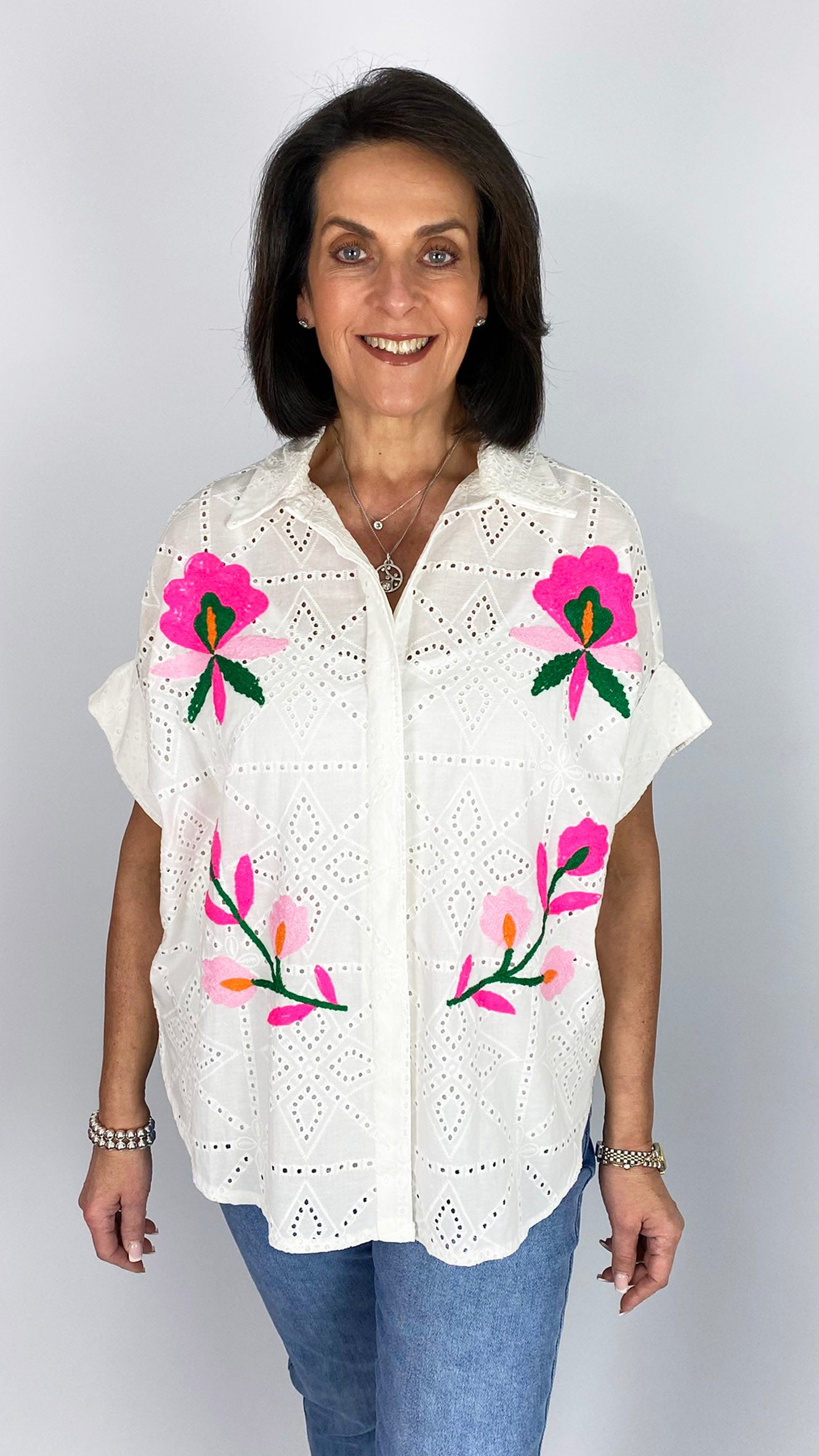 Embroidery anglais shirt with embroidered fluro motif design | White