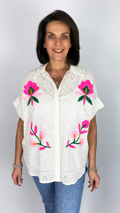 Embroidery anglais shirt with embroidered fluro motif design | White