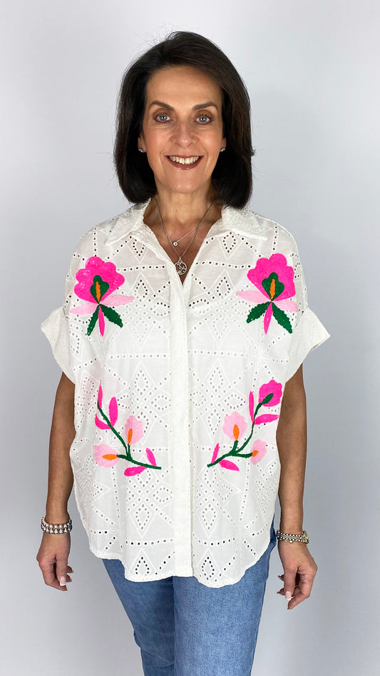 Embroidery anglais shirt with embroidered fluro motif design | White