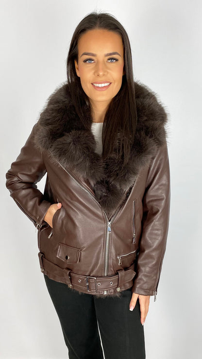 Faux fur trimmed & lined pleather biker jacket | 2 Colours