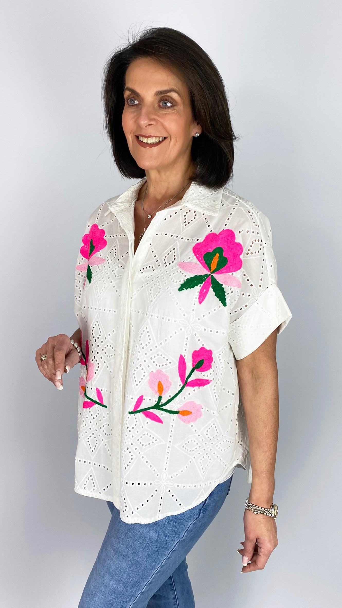 Embroidery anglais shirt with embroidered fluro motif design | White