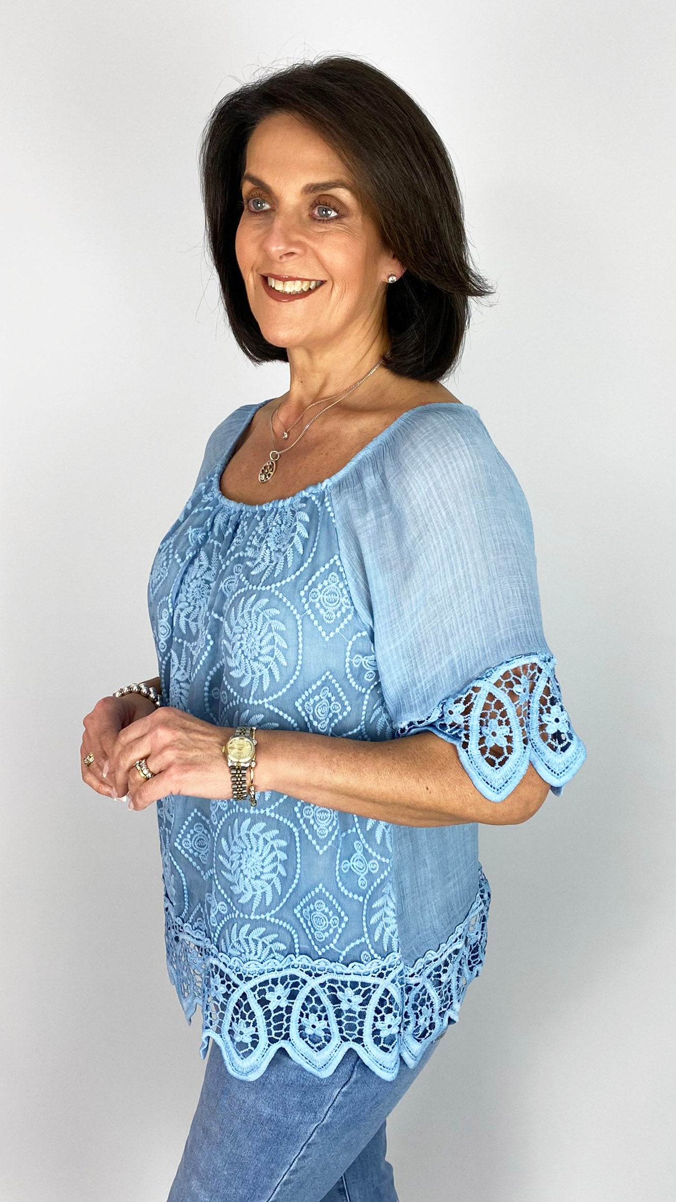 Crochet trimmed on/off-the-shoulder embroidered top | 6 Colours
