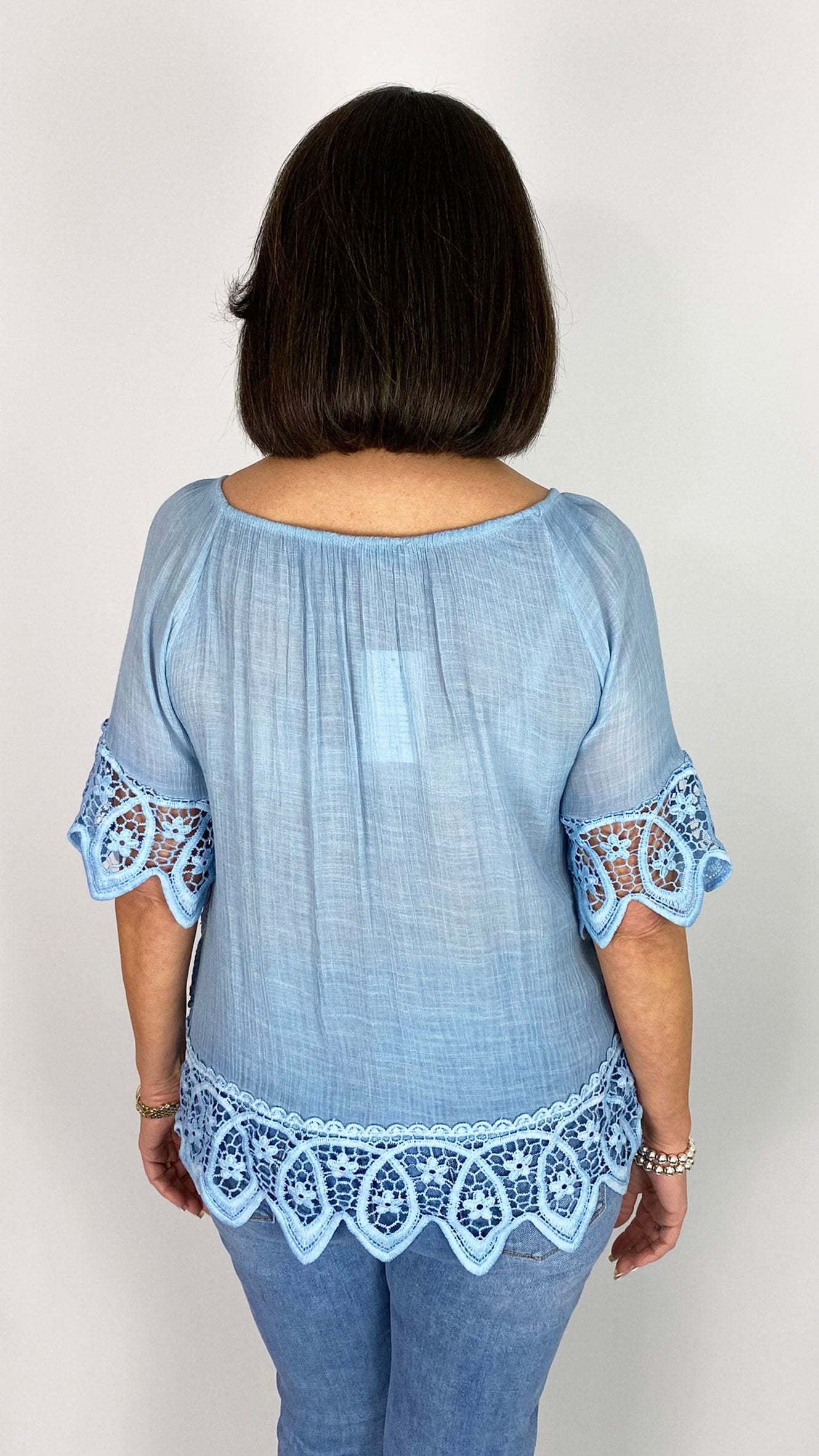 Crochet trimmed on/off-the-shoulder embroidered top | 6 Colours