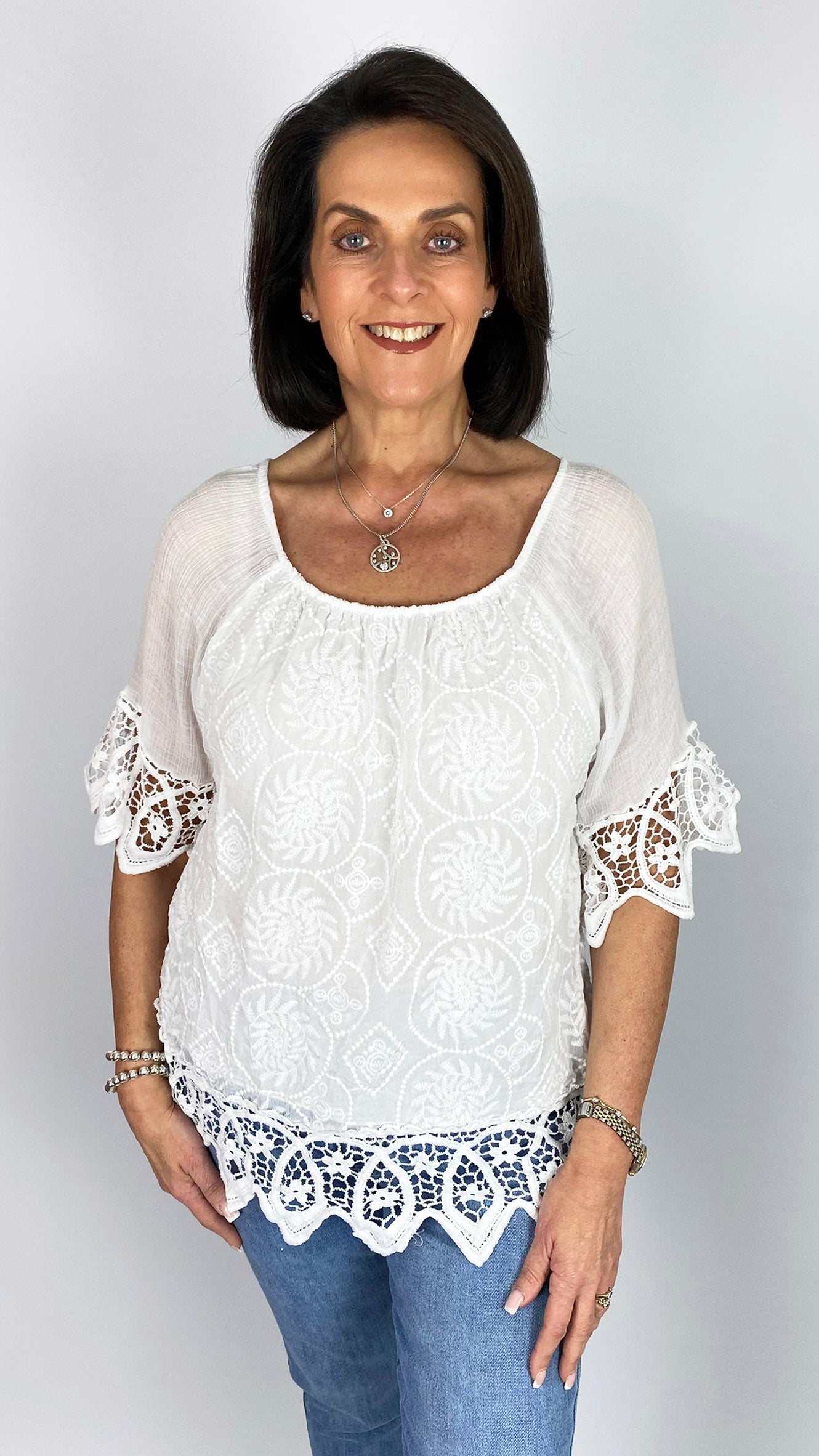 Crochet trimmed on/off-the-shoulder embroidered top | 6 Colours