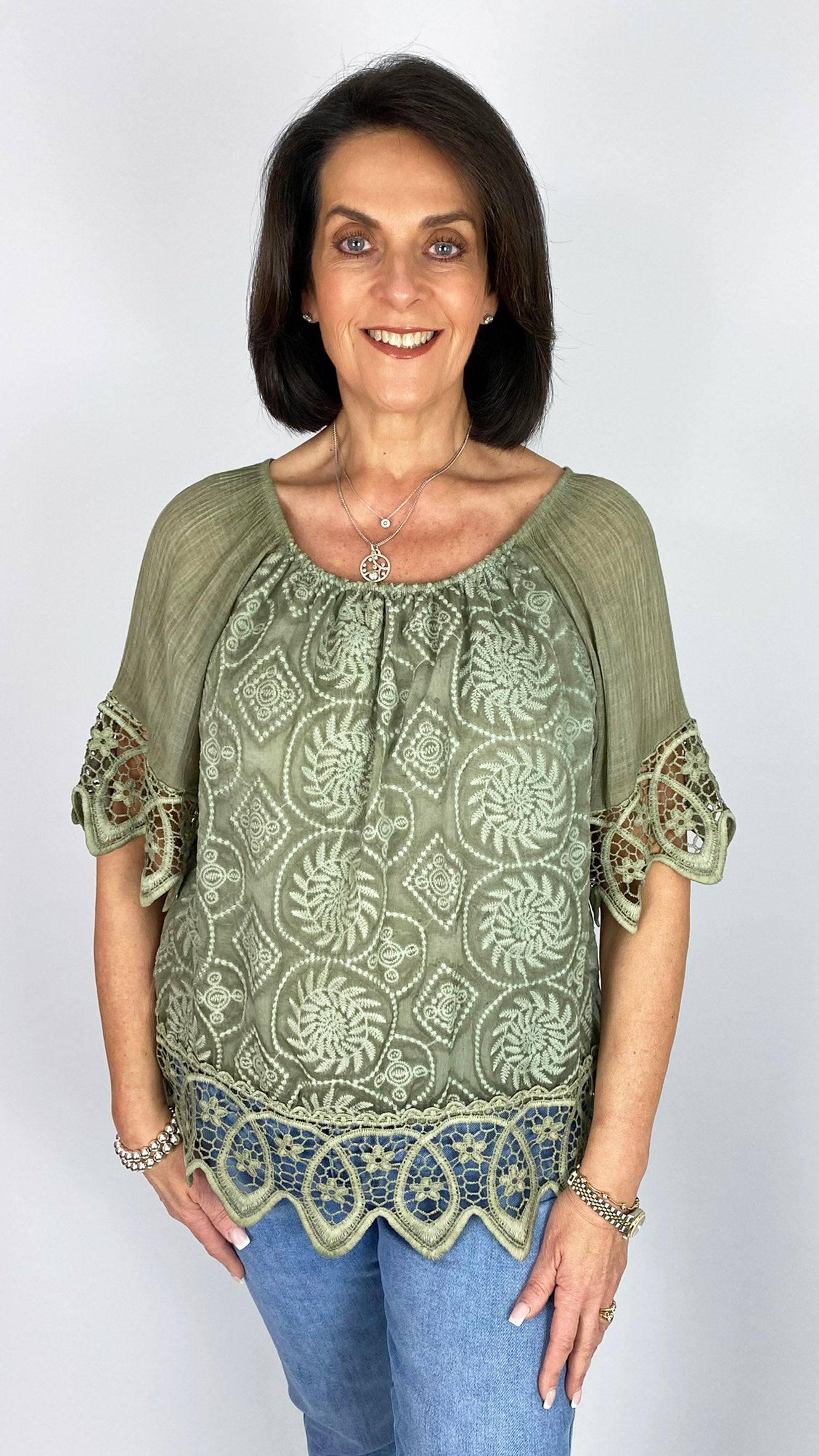 Crochet trimmed on/off-the-shoulder embroidered top | 6 Colours