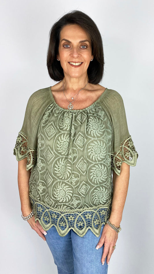 Crochet trimmed on/off-the-shoulder embroidered top | 6 Colours