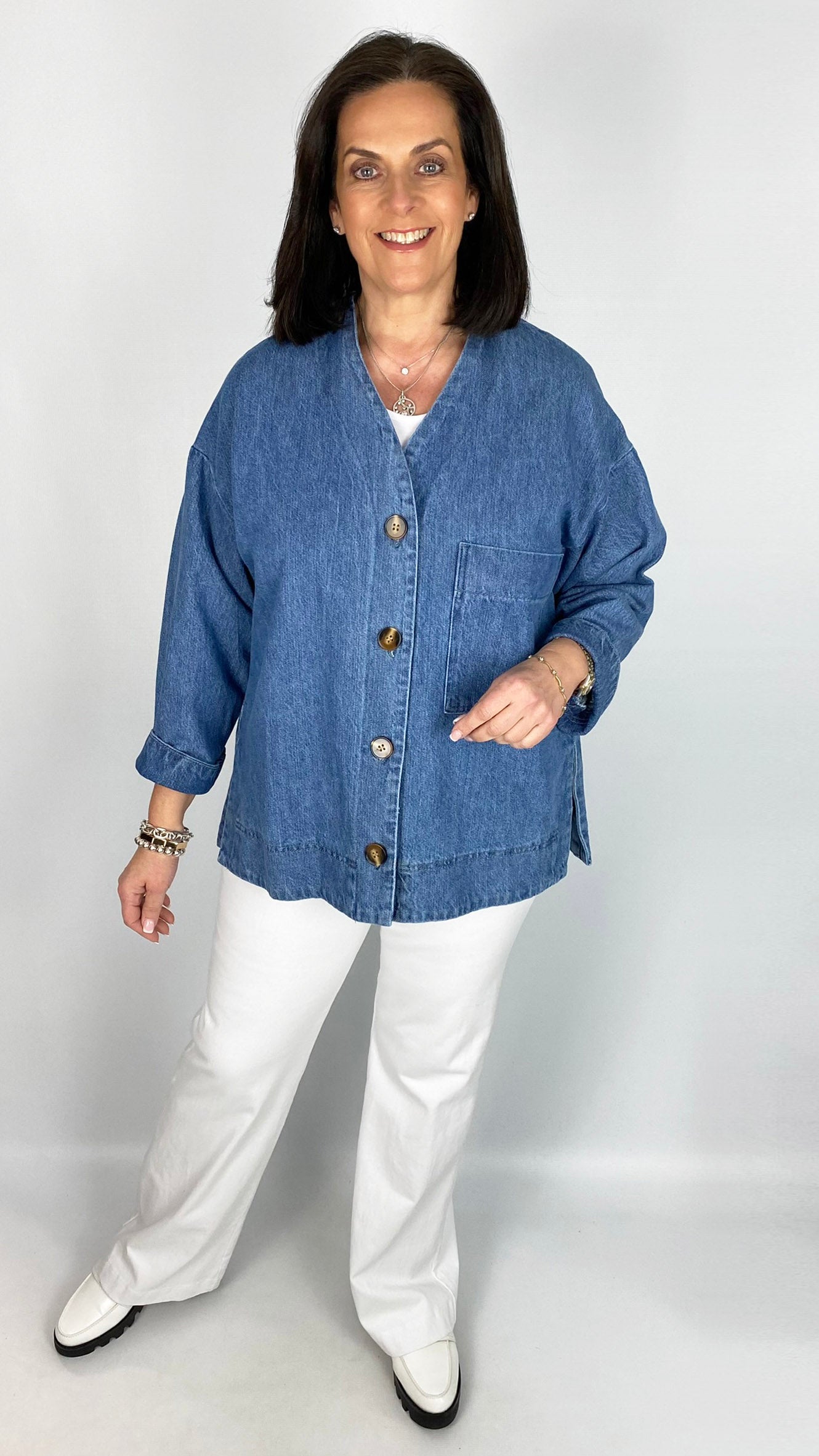 Collarless Denim Jacket with Patch Pocket | Denim | by Malissa J