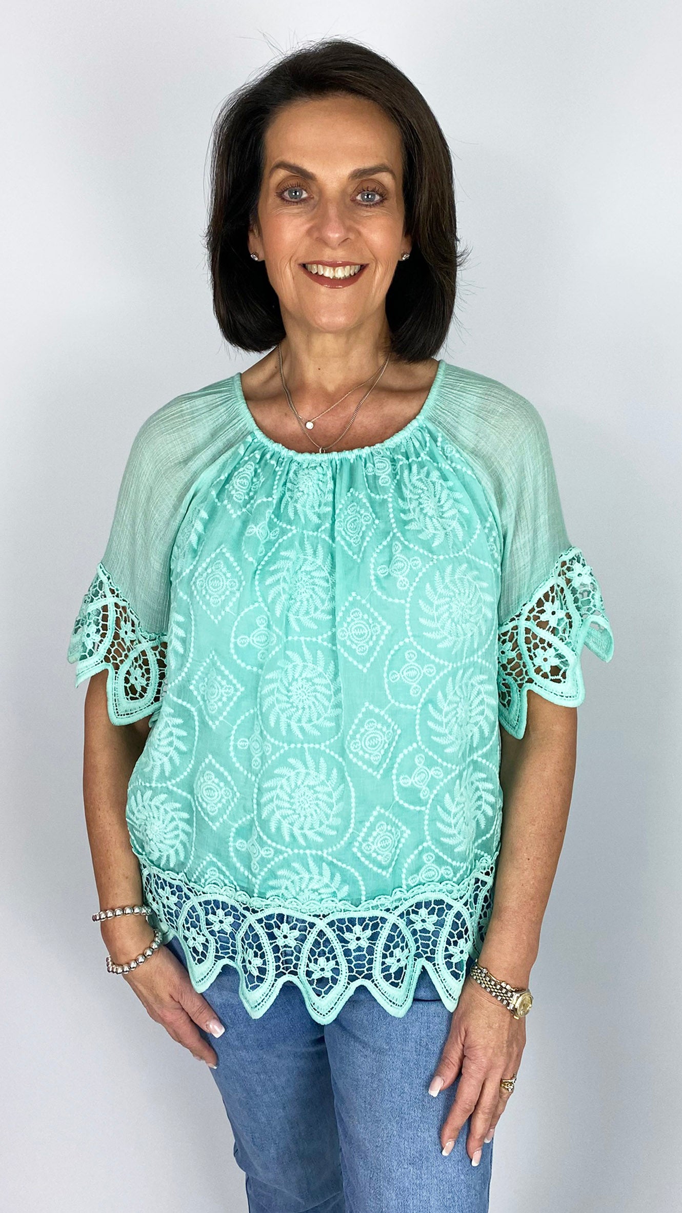 Crochet trimmed on/off-the-shoulder embroidered top | 6 Colours